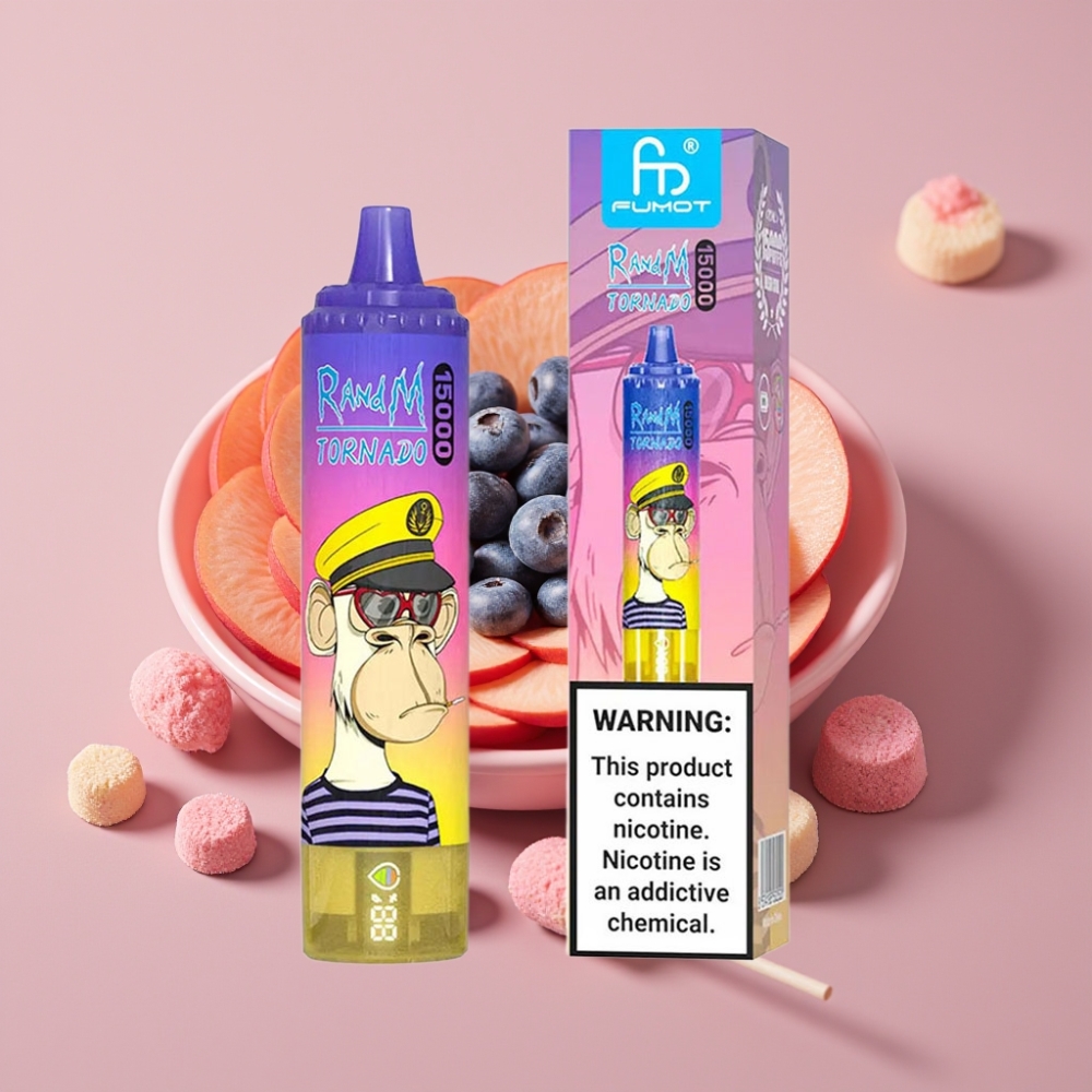 RandM Fumot Tornado 15000 Puffs 25ml 850mAh Fersken Blåbær Slik Type-C LCD