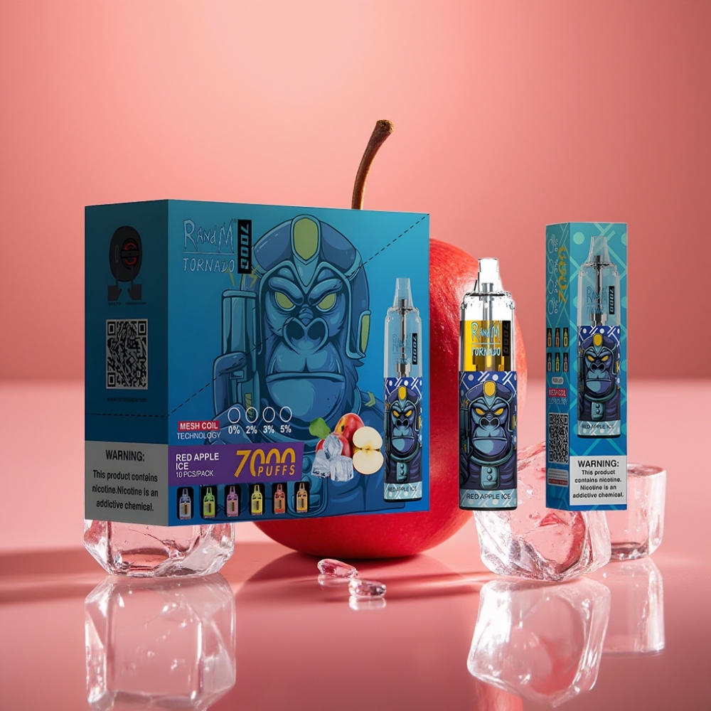 Fumot Tornado 7000 Puffs 14 ML Mesh Coil Type-C Rød Æble Is Disposable Vape