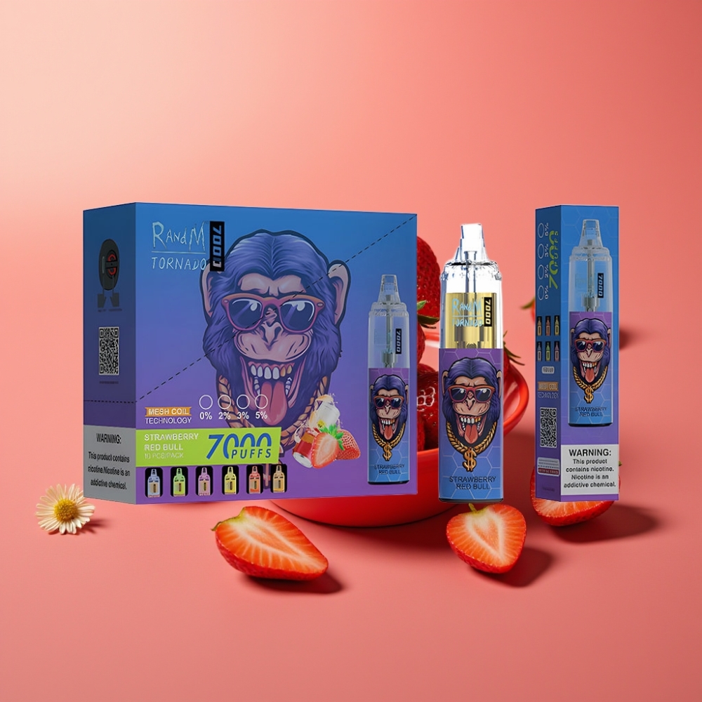 Fumot Tornado 7000 Puffs Disposable Vape Jordbær Red Bull 14ML Mesh Coil