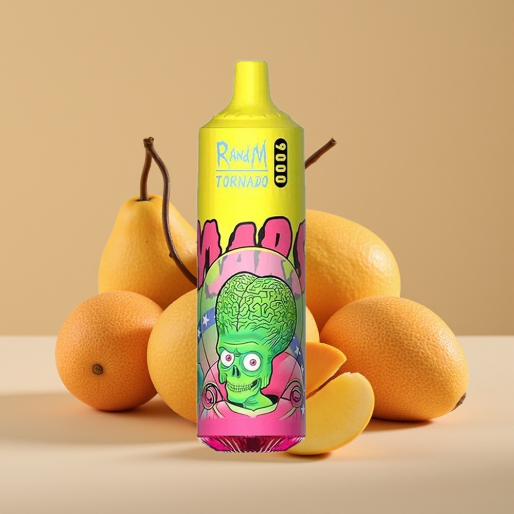 RandM Fumot Tornado 9000 Puffs 850 mAh 18 mL Mesh Coil Trippel Mango RGB Skærm