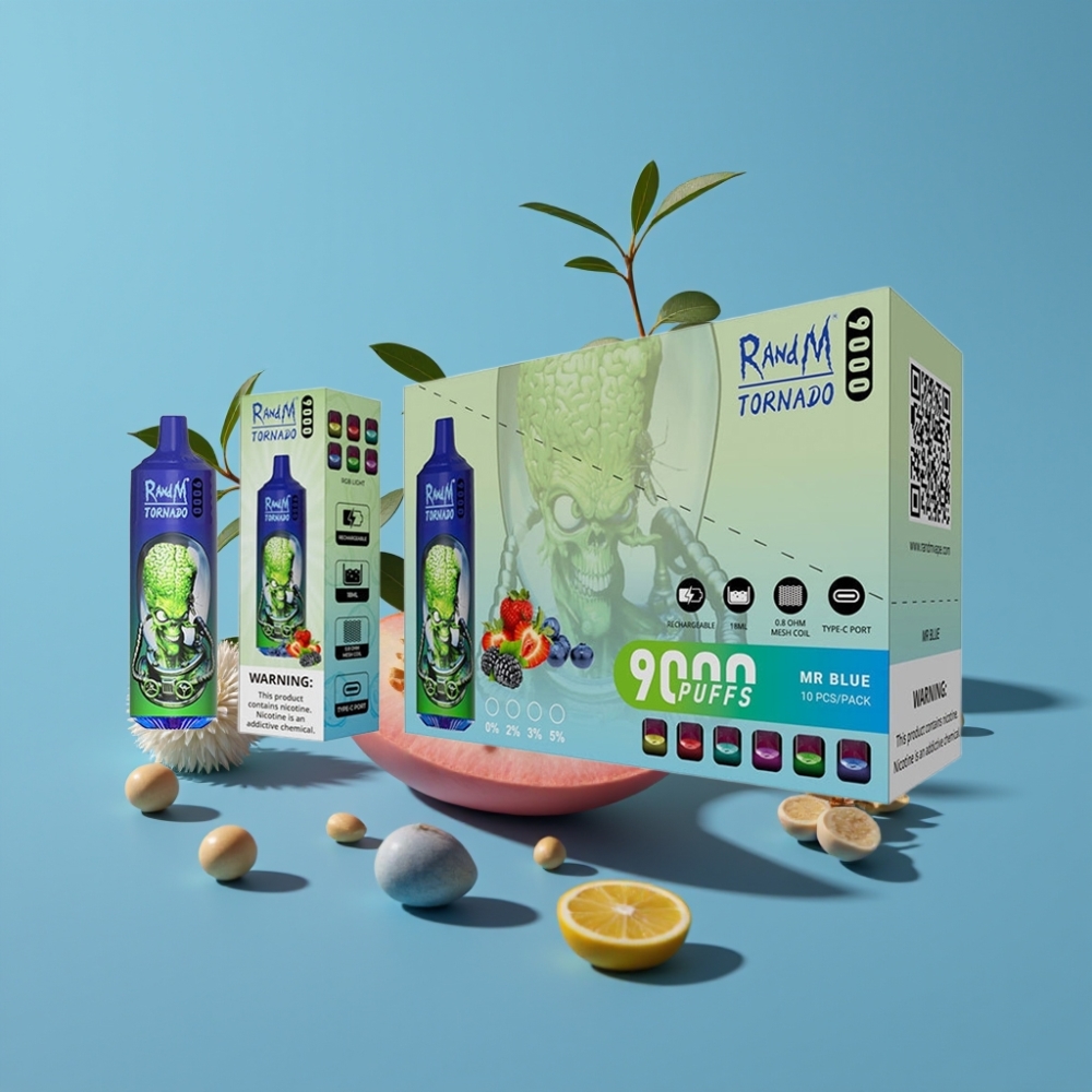 RandM Fumot Tornado 9000 Puffs Genanvendelig Vape Herr Blå 18 mL Mesh Coil RGB