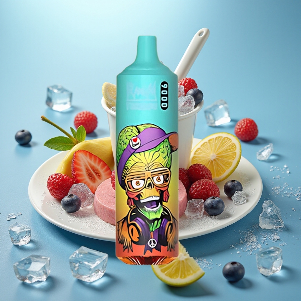 RandM Tornado 9000 Puffs 850 mAh Genopladelig 18 mL Mesh Coil RGB Display Blåis (Bluelicious Ice)