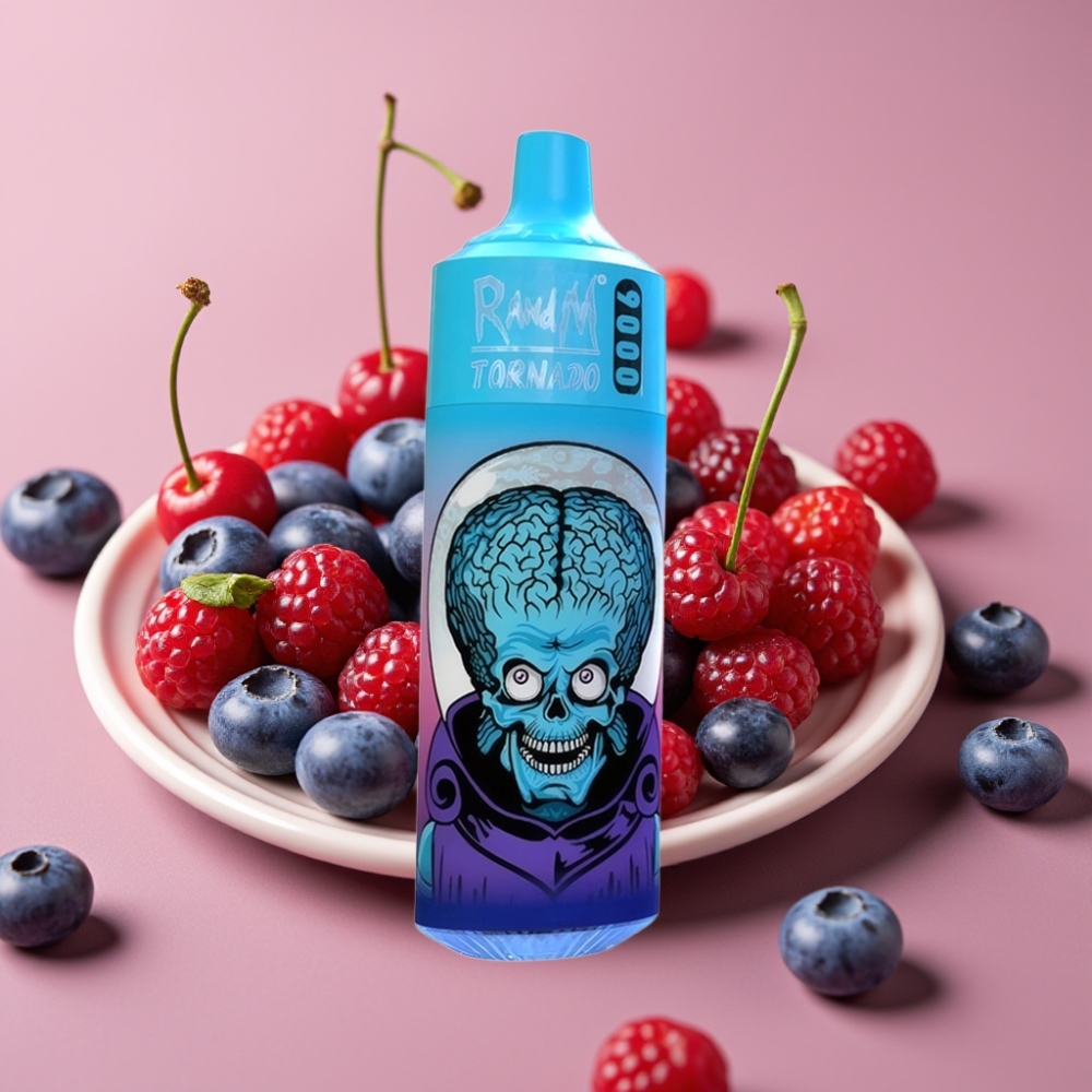RandM Tornado 9000 Puffs Genanvendelig 850 mAh 18 mL Mesh Blåbær Kirsebær Tranebær RGB