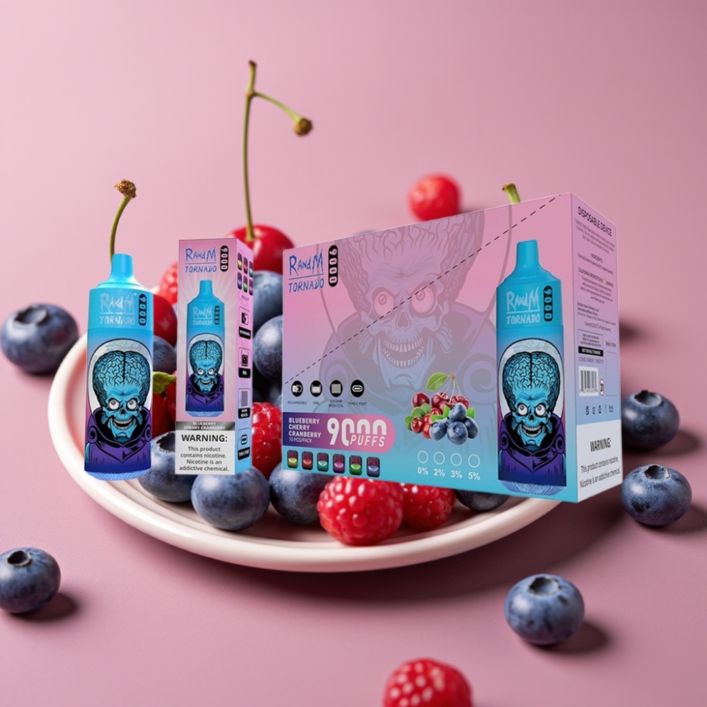 RandM Tornado 9000 Puffs Genanvendelig 850 mAh 18 mL Mesh Blåbær Kirsebær Tranebær RGB