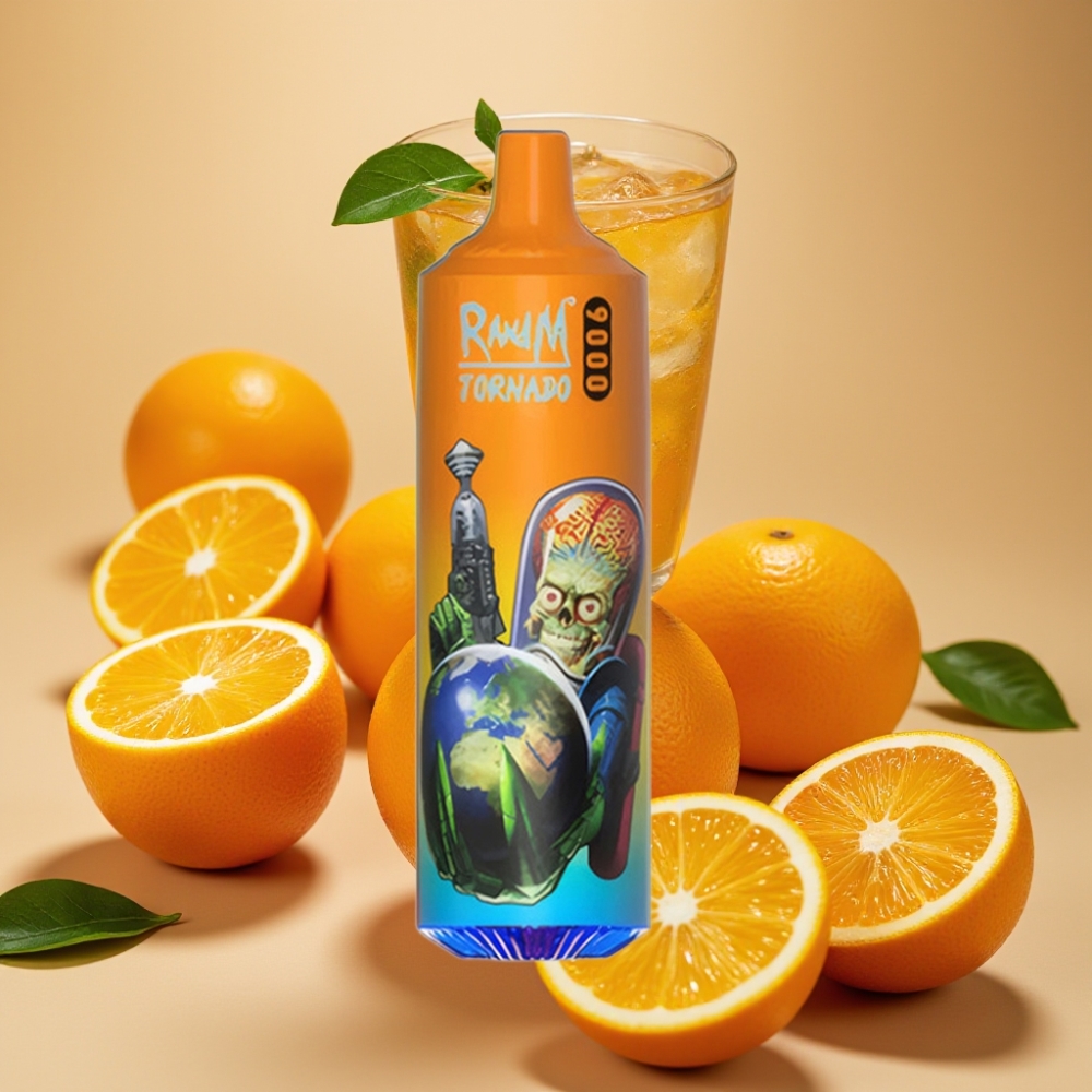 RandM Tornado 9000 Puffs Genanvendelig 850 mAh 18 mL Mesh Coil Appelsinvand