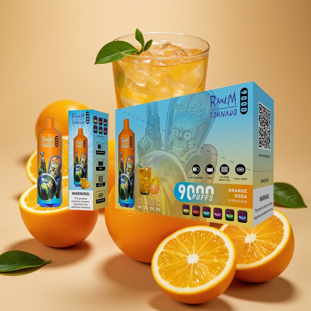 RandM Tornado 9000 Puffs Genanvendelig 850 mAh 18 mL Mesh Coil Appelsinvand