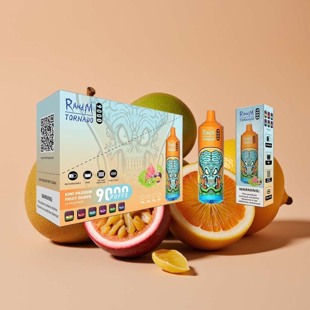 RandM Tornado 9000 Puffs Genanvendelig 850 mAh 18 mL Mesh Coil RGB Kiwi Passionsfrugt Guava