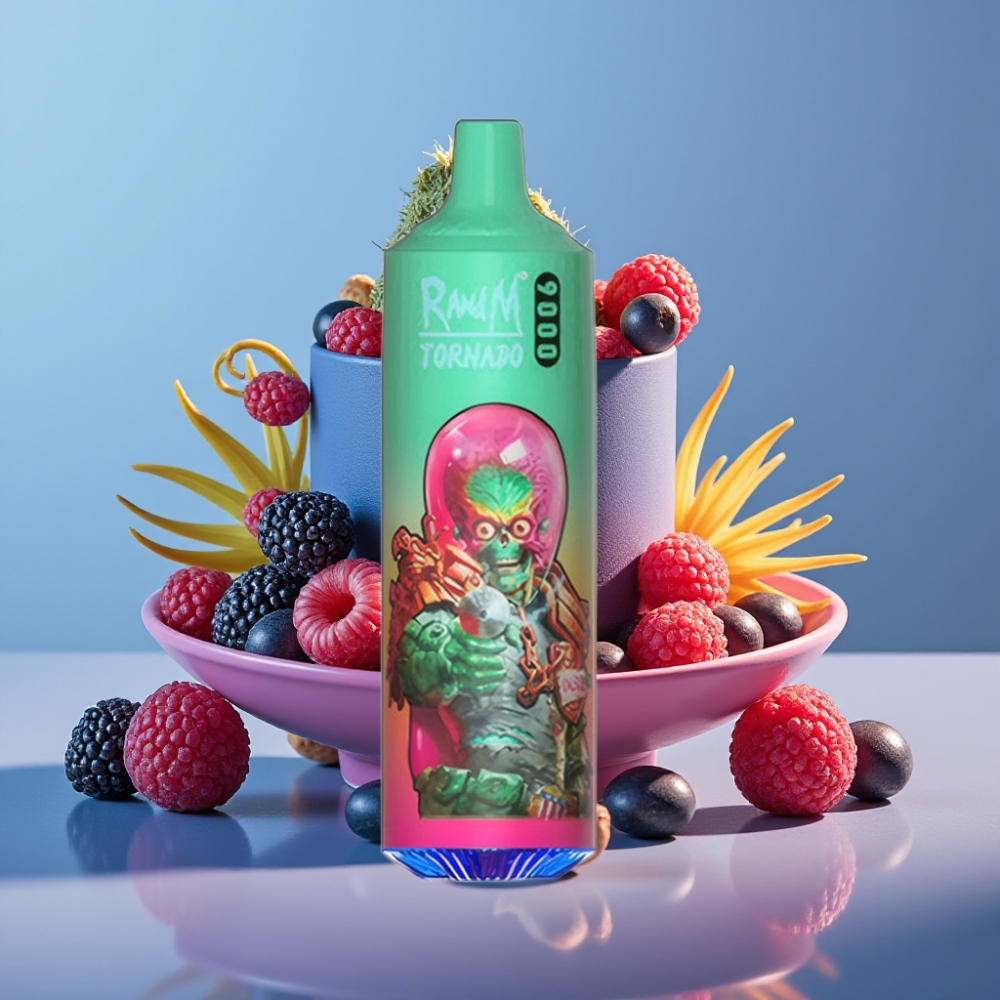 RandM Tornado 9000 Puffs Genanvendelig 850 mAh Blå Hindbær Mesh Coil RGB Display