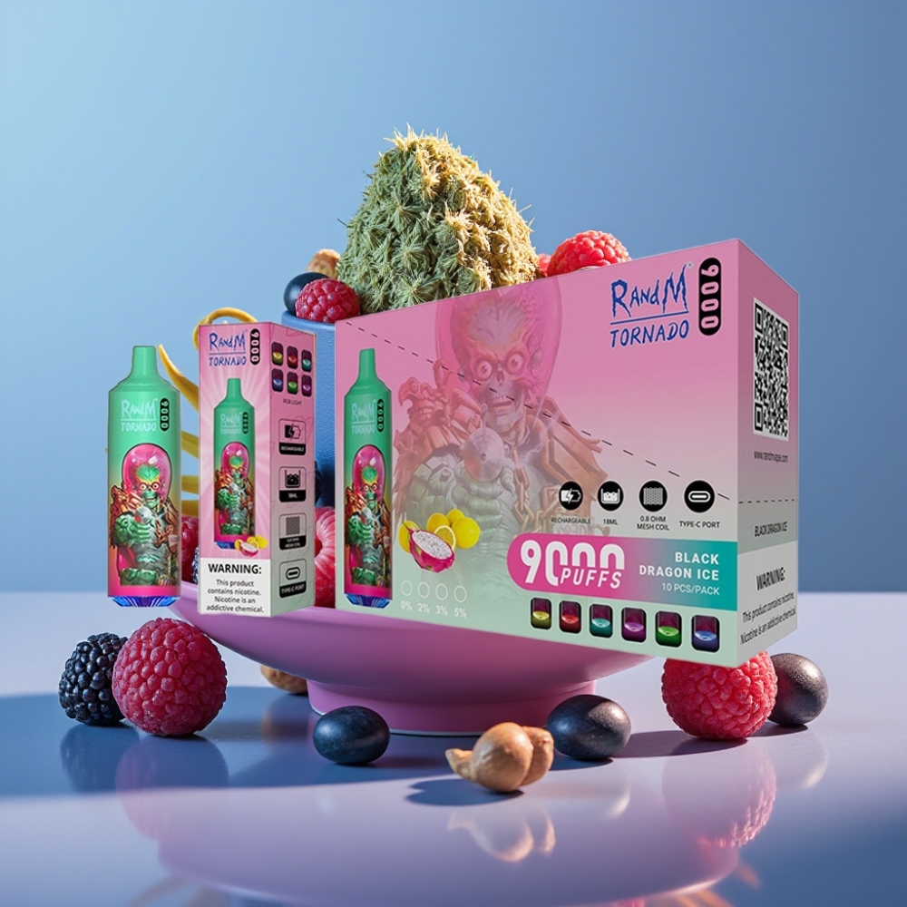 RandM Tornado 9000 Puffs Genanvendelig 850 mAh Blå Hindbær Mesh Coil RGB Display