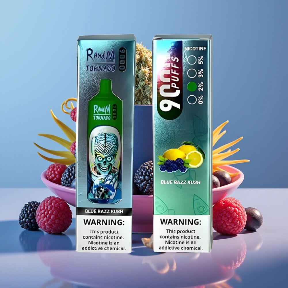 RandM Tornado 9000 Puffs Genanvendelig 850 mAh Blå Hindbær Mesh Coil RGB Display