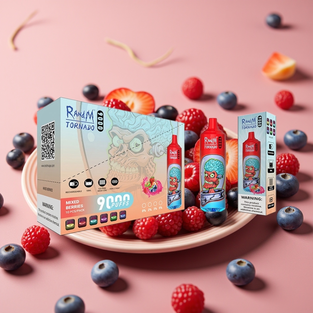 RandM Tornado 9000 Puffs Genopladelig 850 mAh 18 mL Mesh Coil Blandede Bær