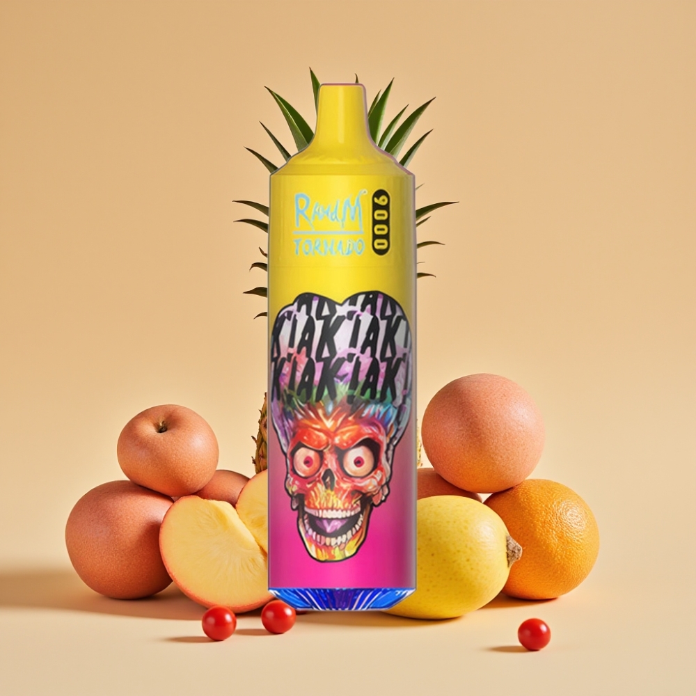 RandM Tornado 9000 Puffs Genopladelig 850 mAh 18 mL Mesh Coil Fersken Mango Ananas