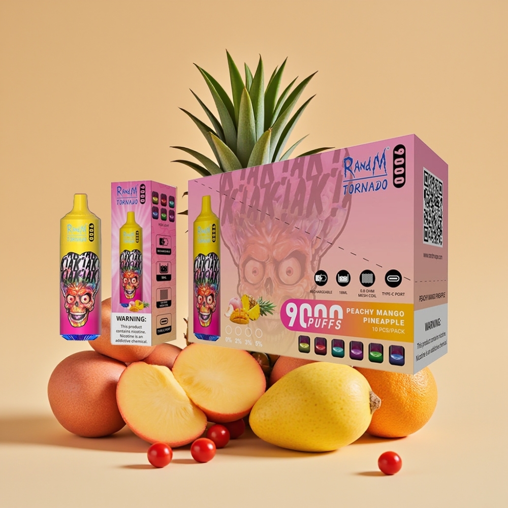 RandM Tornado 9000 Puffs Genopladelig 850 mAh 18 mL Mesh Coil Fersken Mango Ananas