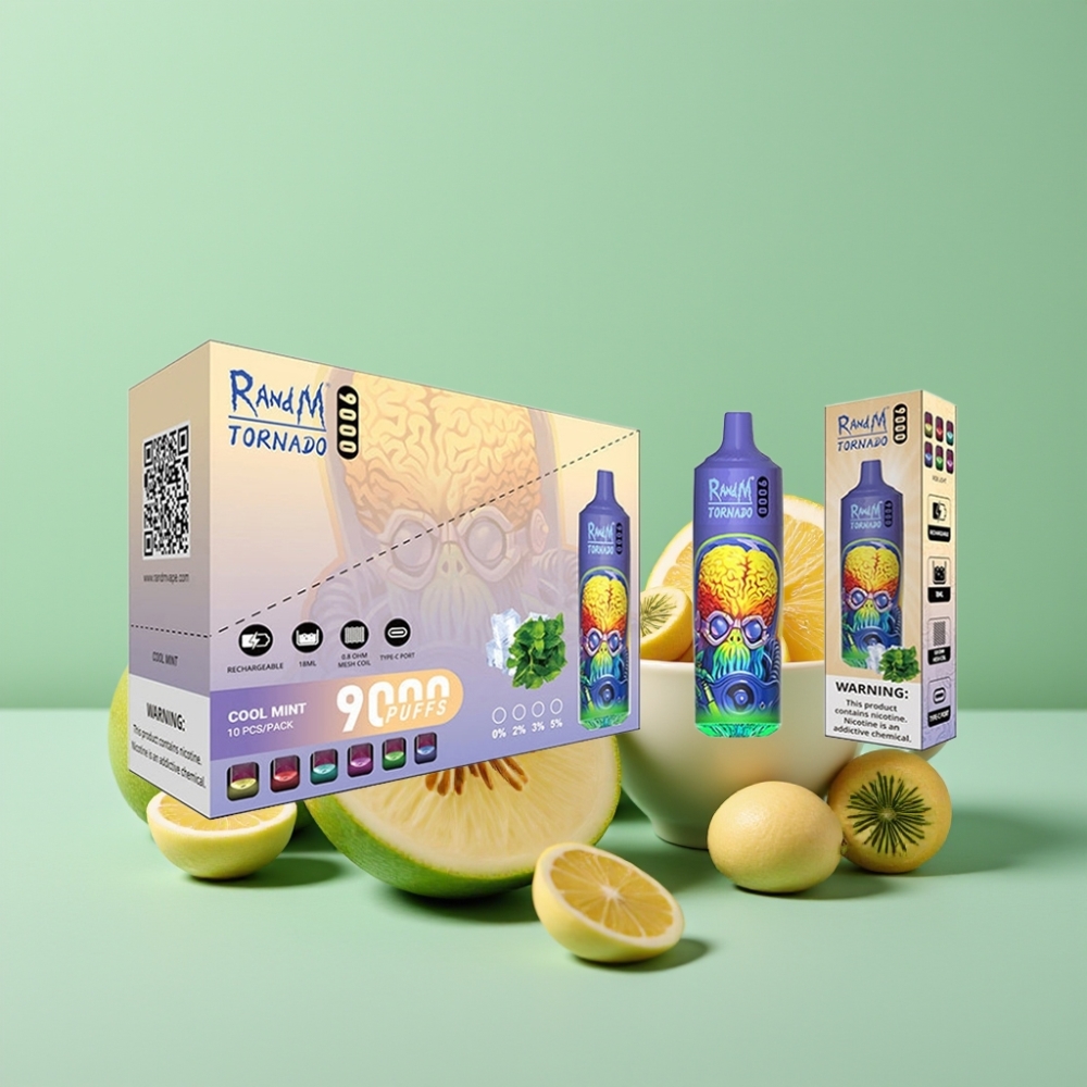 RandM Tornado 9000 Puffs Genopladelig 850 mAh 18 mL Mesh Coil Kølig Mynte RGB