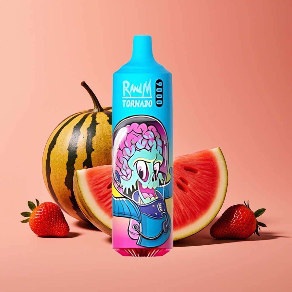 RandM Tornado 9000 Puffs Genopladelig 850 mAh 18 mL Mesh Coil Prime Jordbær Vandmelon RGB
