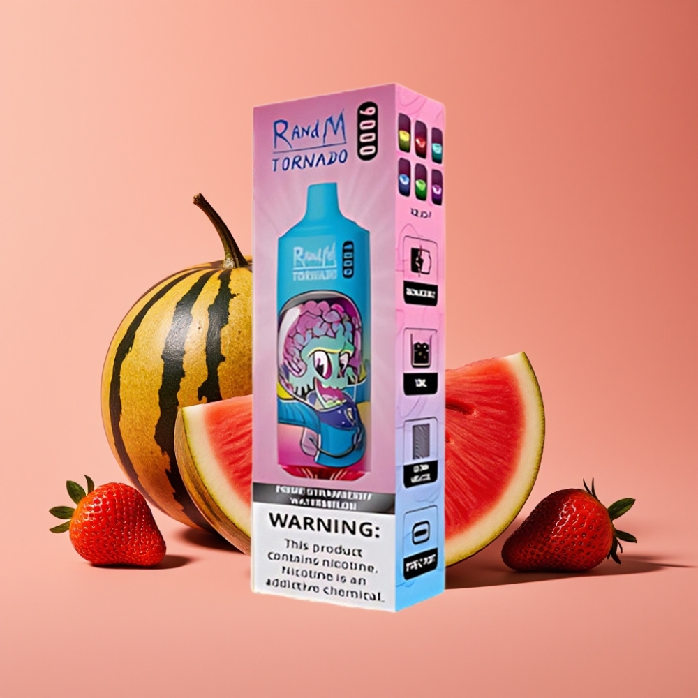 RandM Tornado 9000 Puffs Genopladelig 850 mAh 18 mL Mesh Coil Prime Jordbær Vandmelon RGB