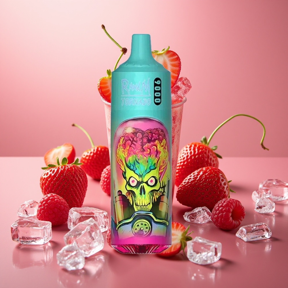 RandM Tornado 9000 Puffs Genopladelig 850 mAh 18 mL Mesh RGB Jordbær Hindbær Kirsebær Is