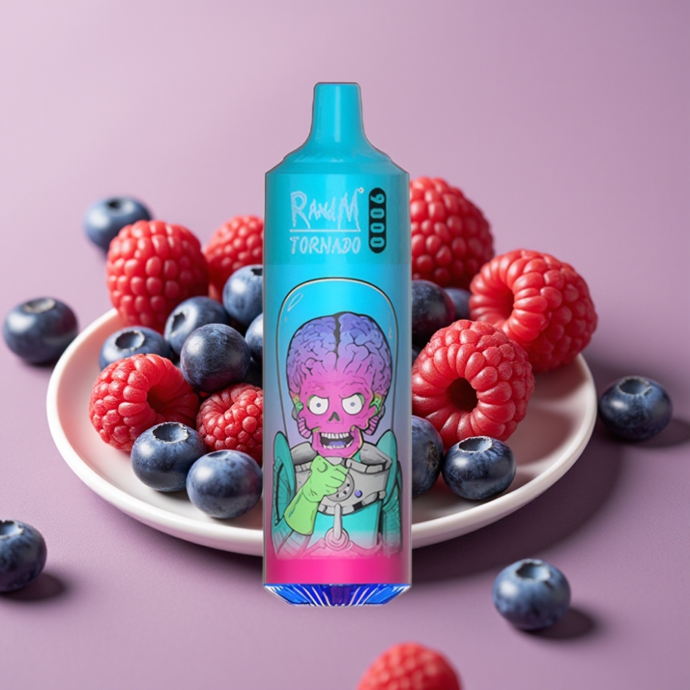RandM Tornado 9000 Puffs Genopladelig 850 mAh Blåbær Hindbær Mesh Coil