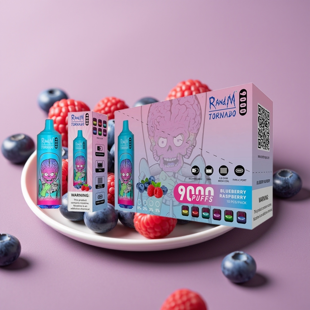 RandM Tornado 9000 Puffs Genopladelig 850 mAh Blåbær Hindbær Mesh Coil