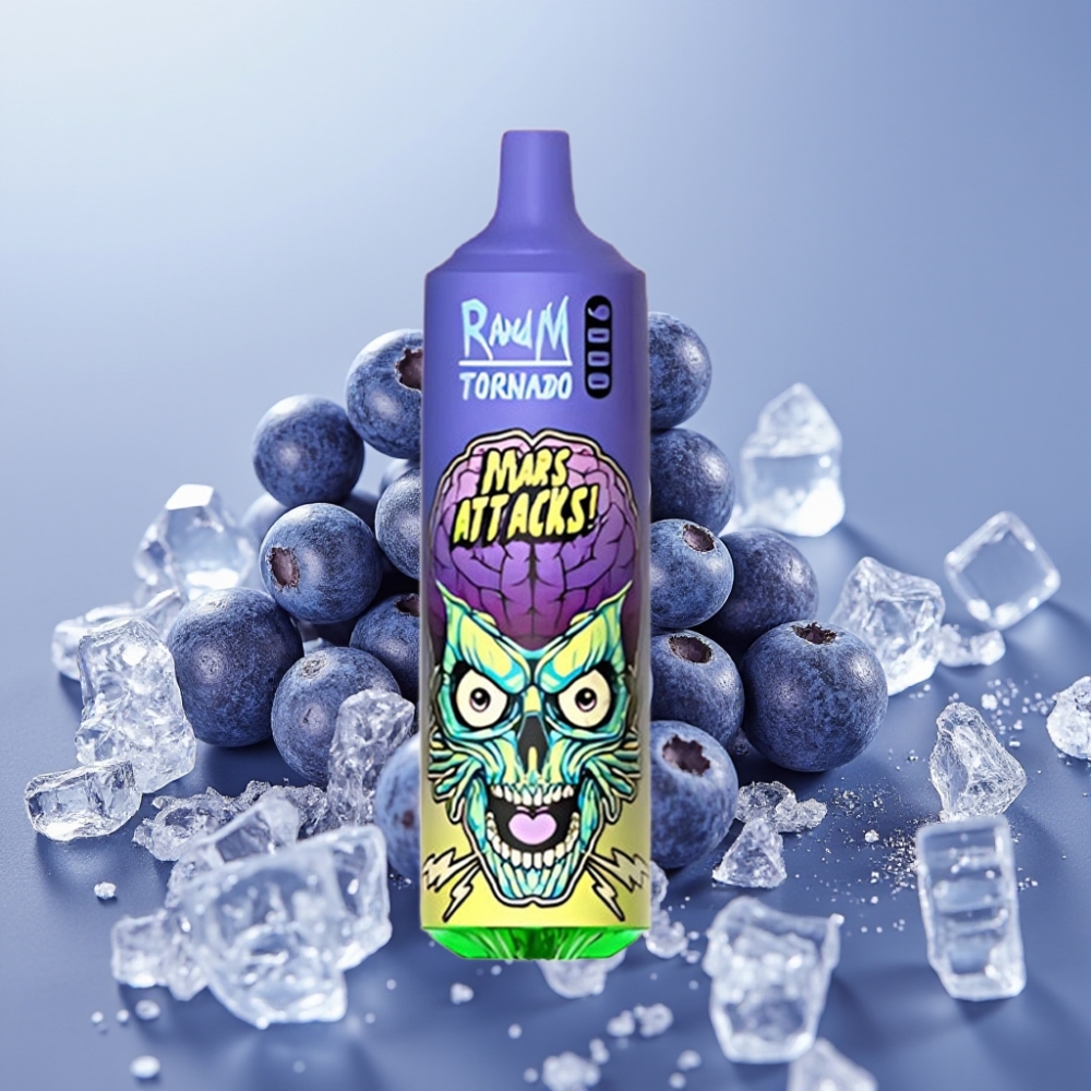 RandM Tornado 9000 Puffs Genopladelig 850 mAh Blåbær Is Mesh Coil RGB Display