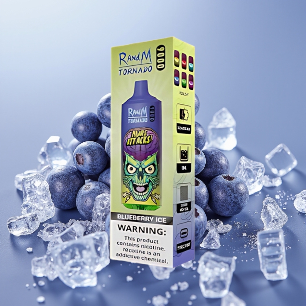 RandM Tornado 9000 Puffs Genopladelig 850 mAh Blåbær Is Mesh Coil RGB Display