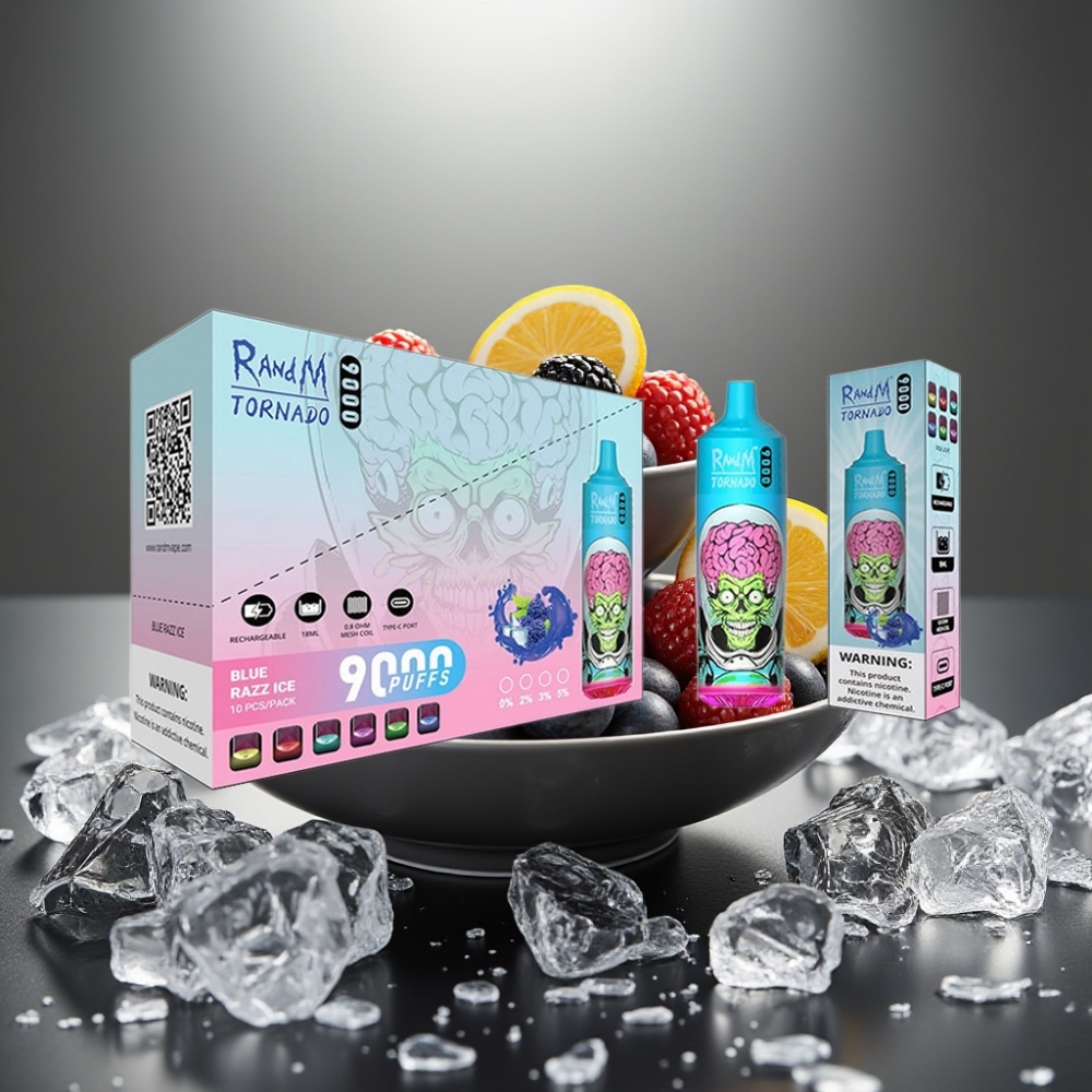 RandM Tornado 9000 Puffs Genopladelig 850 mAh Mesh Coil Sort Drage Is