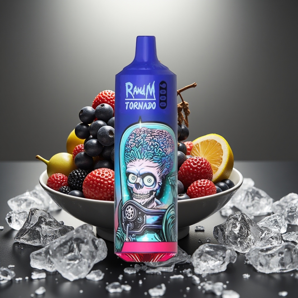 RandM Tornado 9000 Puffs Genopladelig 850 mAh Mesh Coil Sort Is